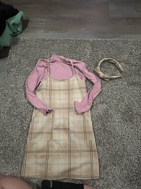 btween Pink Top with Beige Plaid Slip Dress